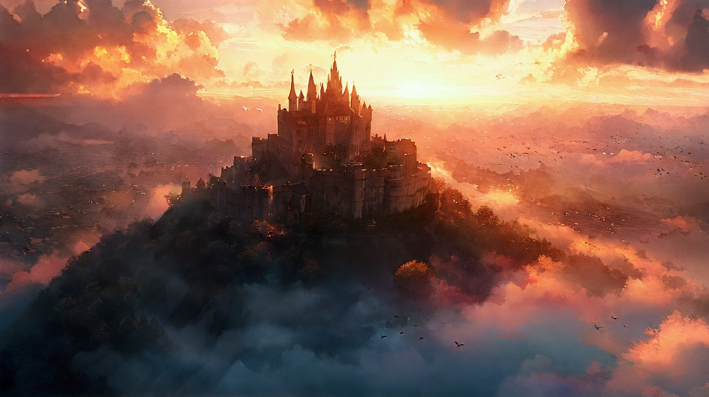 anime aestetics, anime scenery, digital painting, medieval castle standing on the top of the standing on the huge stone pillars island, a lot of little dragons flying around the castle, dark souls 2 aestetics, cloudy weather, sunset, calm atmosphere, beautiful architecture, wide shot, perspective, atmospheric perspective, vanishing point, 8k, highres, best quality, award winning, super detail, masterpiece, UHD