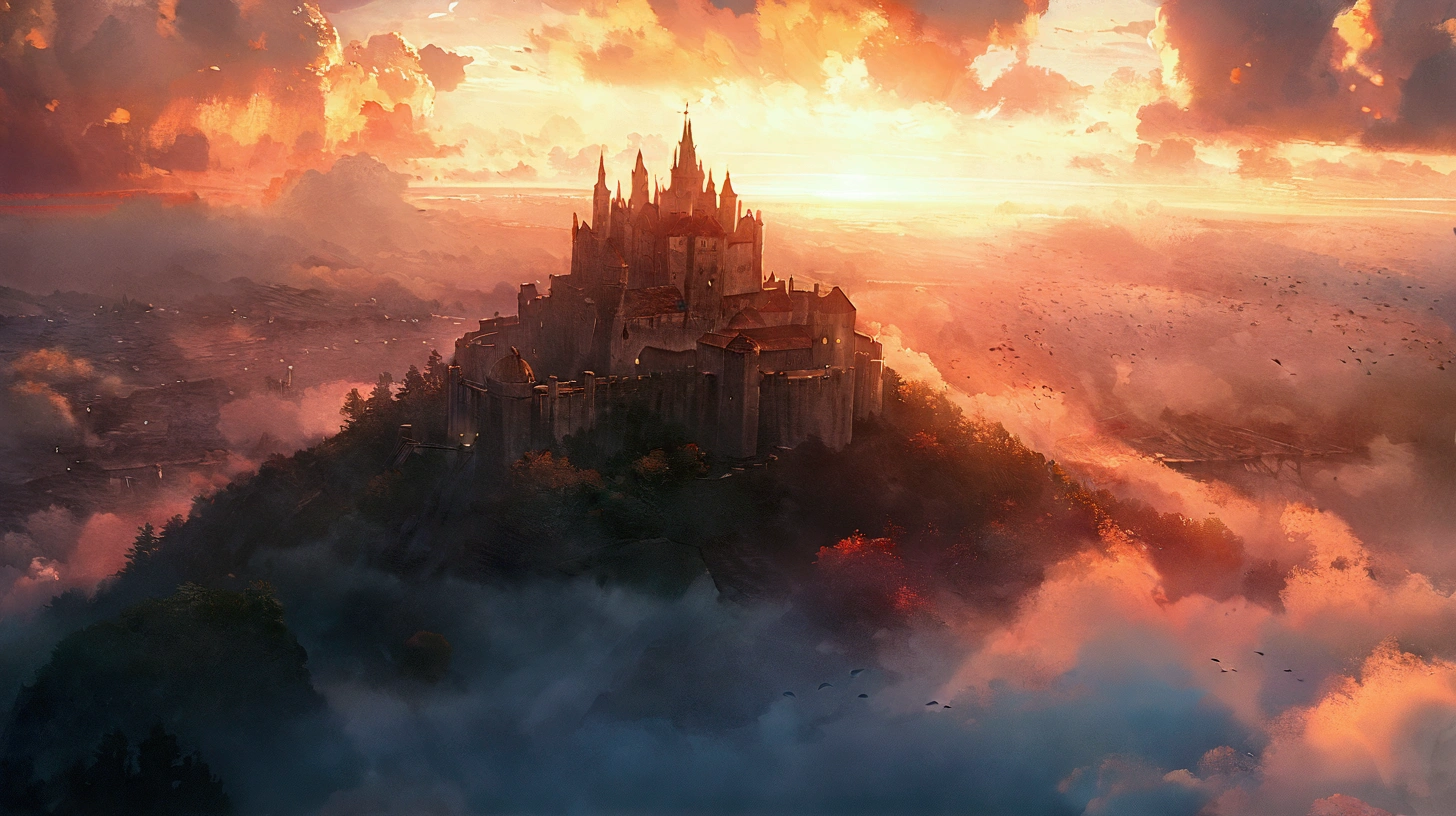 anime aestetics, anime scenery, digital painting, medieval castle standing on the top of the standing on the huge stone pillars island, a lot of little dragons flying around the castle, dark souls 2 aestetics, cloudy weather, sunset, calm atmosphere, beautiful architecture, wide shot, perspective, atmospheric perspective, vanishing point, 8k, highres, best quality, award winning, super detail, masterpiece, UHD