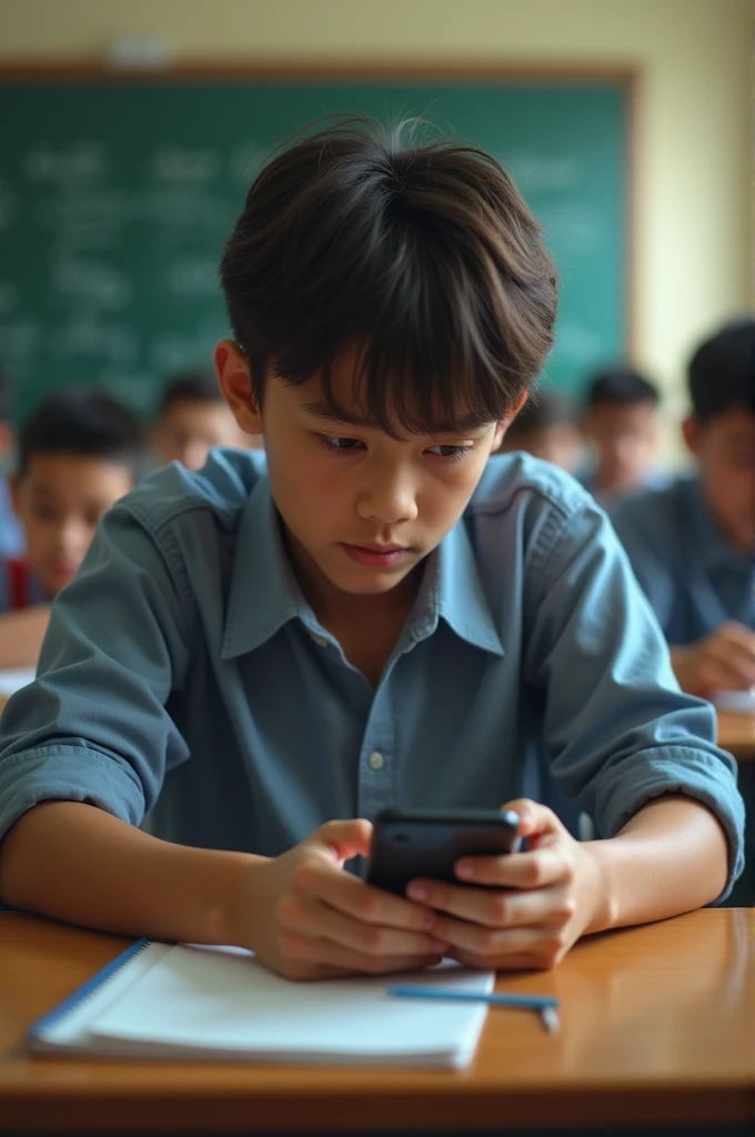 Image of an  boy playing on a horizontal phone in a classroom