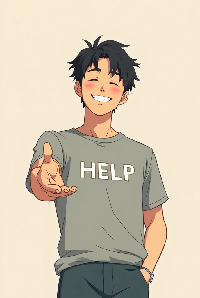 A person extending his hand as if to help the screen with a soft smile on his face and captivating with a gray shirt with the word help written on it, in manga format