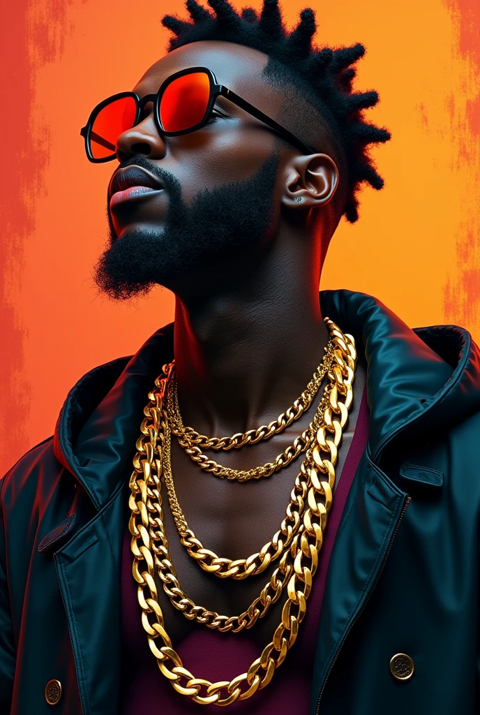 Black male, wearing flashy gold Chains, Hip Hop, avant-garde, Super Fine, Fantasy Art, Wallop Art, Surrealism, avant-garde波普艺术, rich and colorful, masterpiece, best quality, Official Art, Clear outline, Vector Art Background, author：Sandra Chevrier, Dave McKean、Richard Avedon、Luminous design