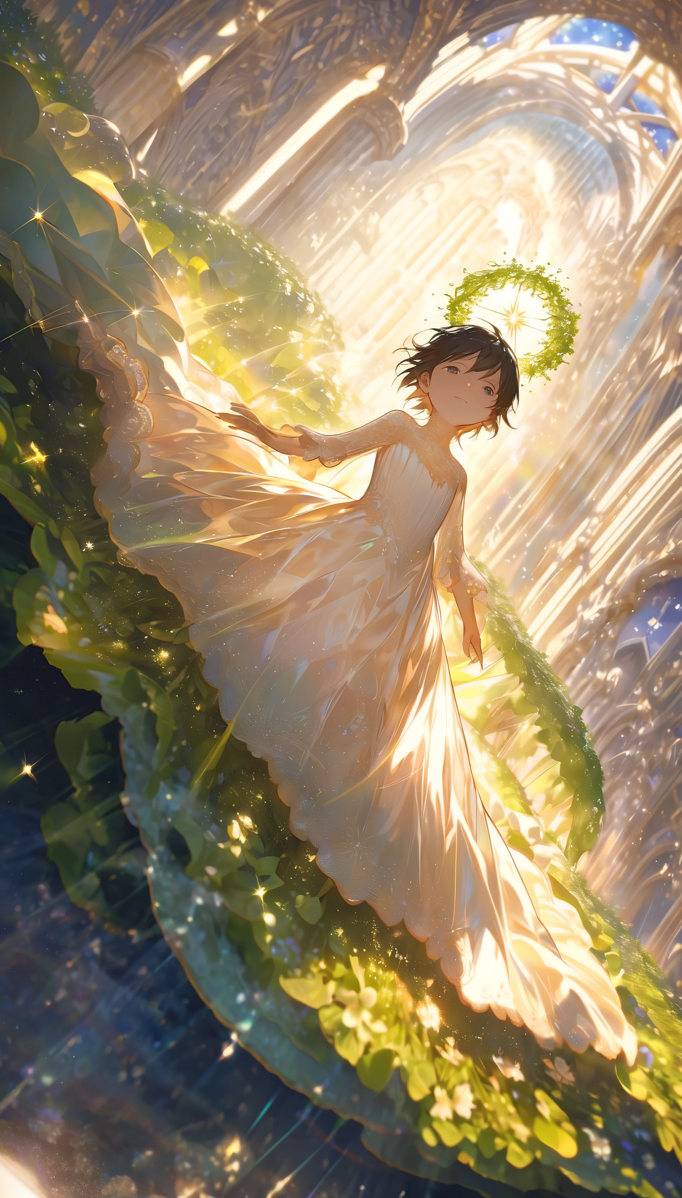 (wide angle), (solo), (shota:1.2), (very young little boy), , (Solo), (wide angle), raw photo, Aesthetic, Convoluted, Awarded, chiaroscuro, Best Quality, Detailed background, (Misty atmosphere:1.2), (god ray:1.1),((boy in very long beauty translucent white dress:1.2)), detailxl, stands in the heart of a sun-drenched meadow, his bare feet sinking into the cool, damp earth, leaving imprints that are as fleeting as the morning dew. His attire is a sheer, gossamer dress that cascades down his small frame, its fabric so light it seems to defy gravity, floating around him like a whisper of a cloud.
The dress is crafted from the finest silk, its transparency revealing the gentle contours of his body beneath. It is adorned with a delicate lace trim that hugs the neckline, a frothy ruffle that cascades down the sleeves, cascading like a waterfall of lace. The lacework is intricate, each stitch a testament to the artisan's skill, creating a pattern of interwoven vines and blossoms that seem to reach out and touch the air.
The dress's bodice is fitted, accentuating the boy's slender form, and it flares out into a skirt that billows with each playful spin, creating a momentary silhouette against the backdrop of the meadow. The hem of the dress is scalloped, each edge kissed by the sun, casting a pattern of light and shadow that dances around his feet.
As the boy moves, the dress shimmers with a life of its own, the fabric catching the light in a thousand tiny prisms, reflecting the hues of the sky and the verdant greens of the meadow. The dress's transparency is not just a feature but a canvas for the play of light and shadow, creating a visual symphony of color and form.
His hair, a golden halo that frames his face, is tousled by the gentle breeze, each strand catching the sunlight and shimmering like strands of spun gold. His eyes are wide and bright, reflecting the joy of the moment, a sparkle that is mirrored in the clear