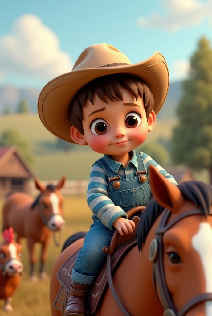 A baby  ,Scrawny, smiling slightly light brown hair, brown dark eyes, light cowboy hat, working with, horses, chickens, cows, in the farm, blue and white plaid shirt denim overalls, mounted horse 3d hd image