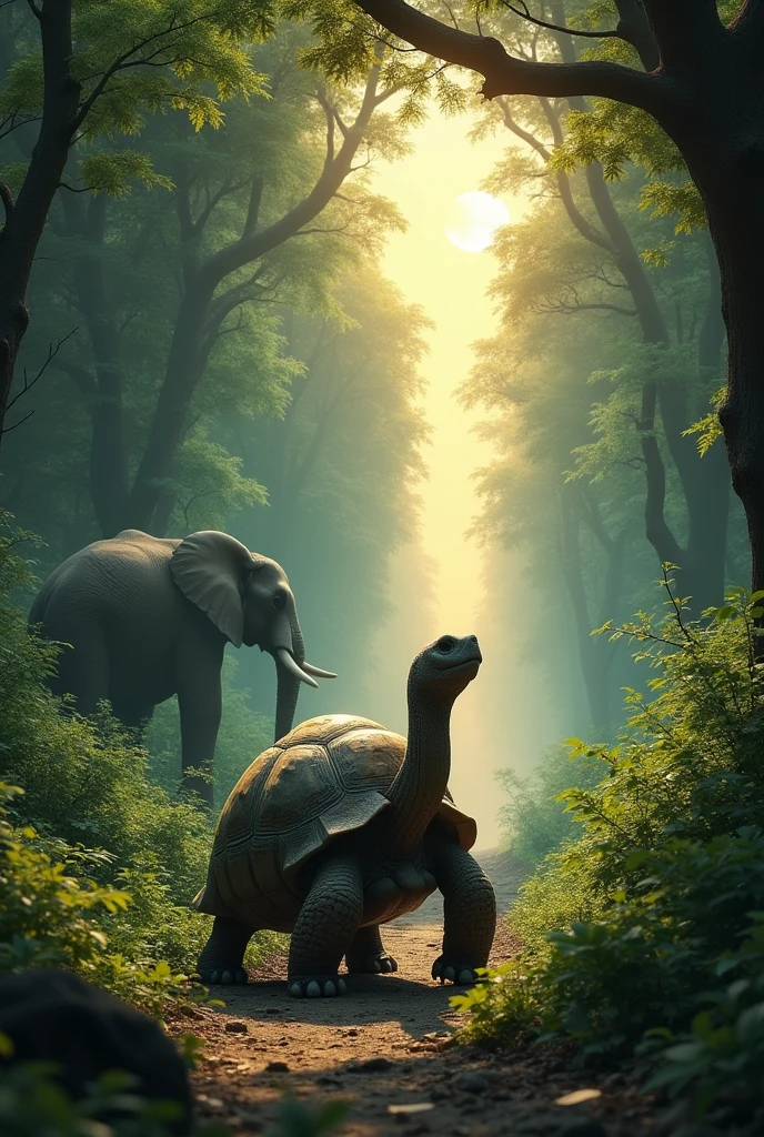 When the tortoise arrived at the secret place, he began to sing the chant: "Gwon Gwon Gwon Gwon," and the path to the yam opened up one elephant watching from a dIstance hid behind the bush. Make the chant GWON GWON GWON GWON be above the tortoise head while a huge path open up to the tortoise in the bushes 