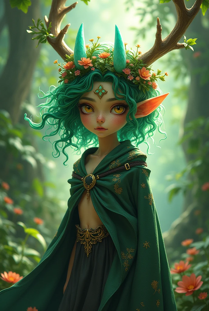 Jungle like environment. A young Plant woman with a deep green skin tone. She short has leaf green curly hair & is wearing a revealing mythic flowing Black-Purple-Green cloak with Golden Floral designs & an otherworldly flower wreath on he head. She has Serious yet gentle gaze in her Starlike Golden eyes & a heavy freckled form. She has long crystal blue antlers radiating Floral energy & a set of quaint elven ears. She has a small cute nose She is seen in a battle stance radiating a floral energy
