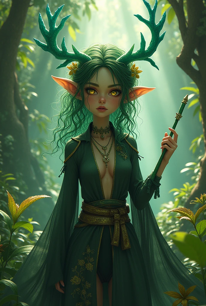 Jungle like environment. A young Plant woman with a deep green skin tone. She short has leaf green curly hair & is wearing a revealing mythic flowing Black-Purple-Green cloak with Golden Floral designs & an otherworldly flower wreath on he head. She has Serious yet gentle gaze in her Starlike Golden eyes & a heavy freckled form. She has long crystal blue antlers radiating Floral energy & a set of quaint elven ears. She has a small cute nose She is seen in a battle stance radiating a floral energy