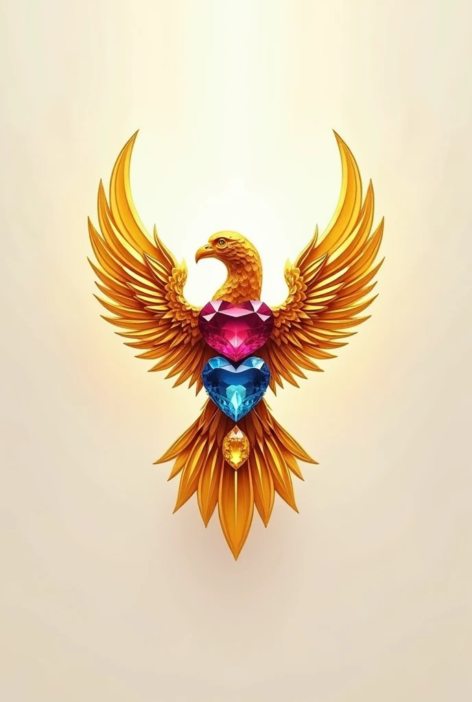 A logo with 3 precious stones that are red, blue and yellow, with a very detailed image with the three stones in the shape of a gold bird and a ruby. 