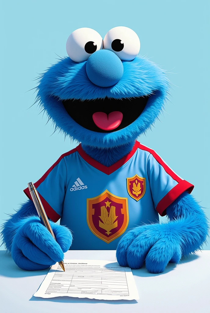 pancho contreras, Sesame Street character painted in light blue, with a soccer jersey that has the shield of the Peruvian club UNIVERSITARIO DE DEPORTES signing a contract