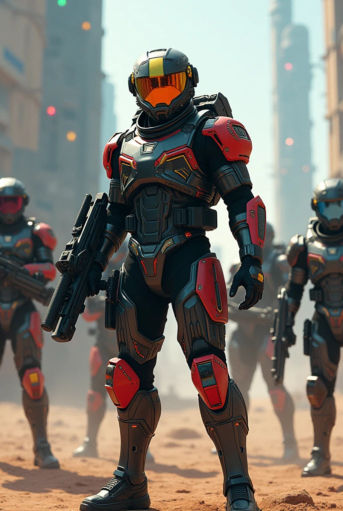Call of duty in afuturistic world with cool guns and blasters. They are standing in a cool pose with cool tech suits. The suits are in a range of awesome colours