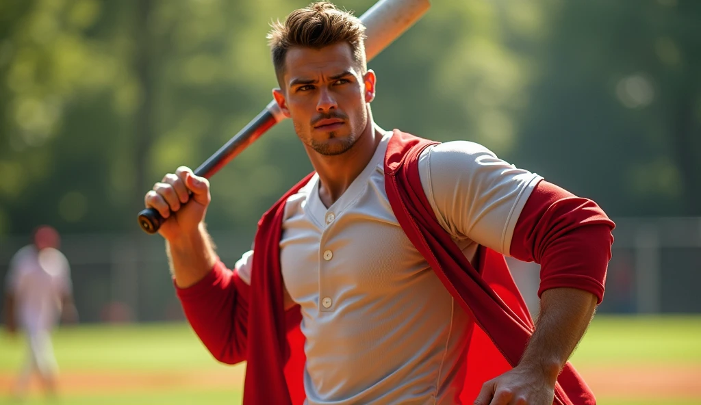 (masterpiece, best quality ), 1man, muscular, short hair, brown eyes, intricate, baseball field , full body, white baseball uniform, open red jacket, vivid colors,(depth of field:1.4),(abs), holding a basebat, dynamic pose, dappled sunlight,He is a real person and the photo is in a portraiture style.