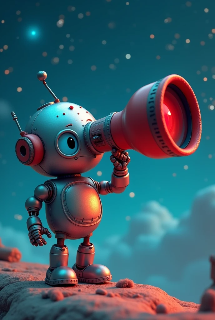 I want a cute 3D robot looking at the stars through a red and dark blue telescope