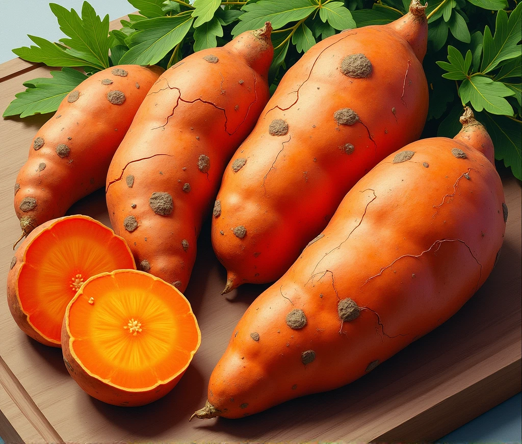 A striking and captivating promotional poster for many cute sweet potatos, no humans,some steamed and peeled and some green leaves of raw deep carmine cute sweet potatos and sweet potato,close-up,deep carmine and orange,bright palette knife,acrylic,thick paint painting,thick brush strokes,thick oil painting,texture painting,high definition picture quality,scraper painting,relief,stereoscopic feeling,abstract,texture,masterpiece,best qaulity,oil painting,textured brushstrokes,artistic composition,with 32K HD quality effects,Colorful and bright,evoking excitement about exploring Gourmet