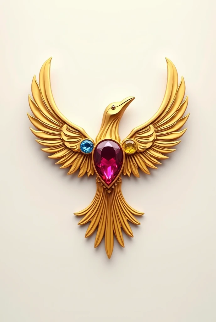 A logo with 3 precious stones that are red, blue and yellow, with a very detailed image with the three stones in the shape of a gold bird and a ruby. 