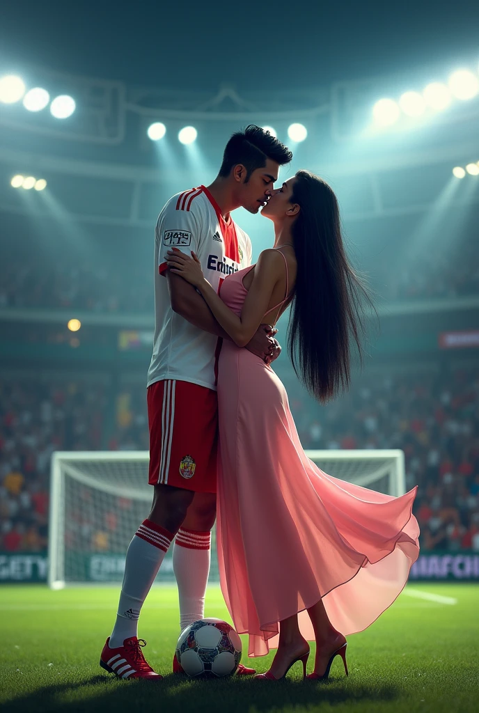 A man and woman kissing eachother in football stadium ground at night time all spot light on them woman is wearing glasses and had black hair . Woman is wearing long  pink dress high heels . Man is wearing white and red colour 32 number jersey. Siddharth written on jersey. Woman is cupping man s face . Man s one foot resting on a soccer ball. Man is 1 feet taller than woman. Add some audiance in stadium . Make it real .make boy handsome . Make Man 2 feet taller than woman. Jersey number is 32. Add goal net in back ground . Make her hair set in straight  .woman is wearing  glasses make man 2  feet taller than woman . Man is picking up woman from ground  in his arm . Soccer ball in his feet 
