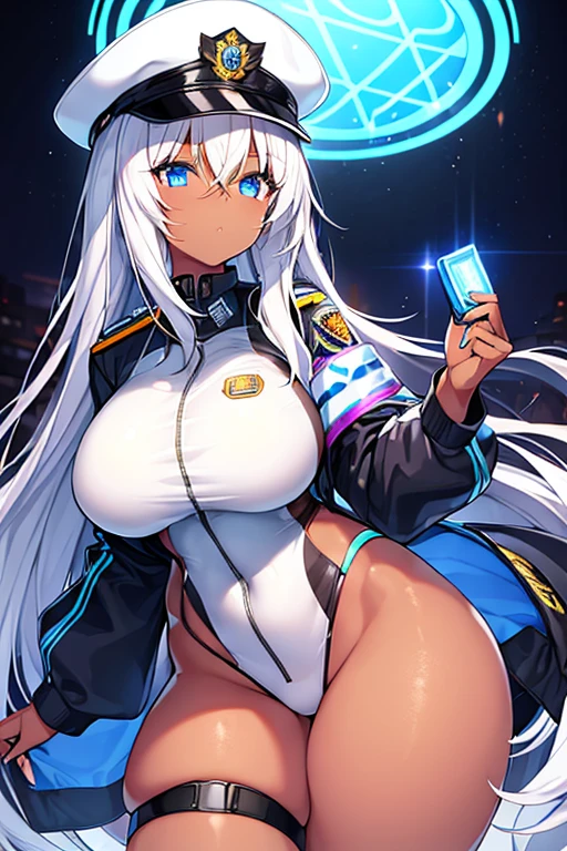 1girl, dark skin, dark-skinned female, police uniform, police, white hair, long hair, blue eyes, police hat, large breasts, thick thighs, futuristic, neon trim, science-fiction, machinery, tech, blue trim, glowing eyes, toned, cute face, mature female, hourglass figure, neon, one-piece swimsuit, competition swimsuit, medal, black swimsuit, badge, police badge, ((badge))