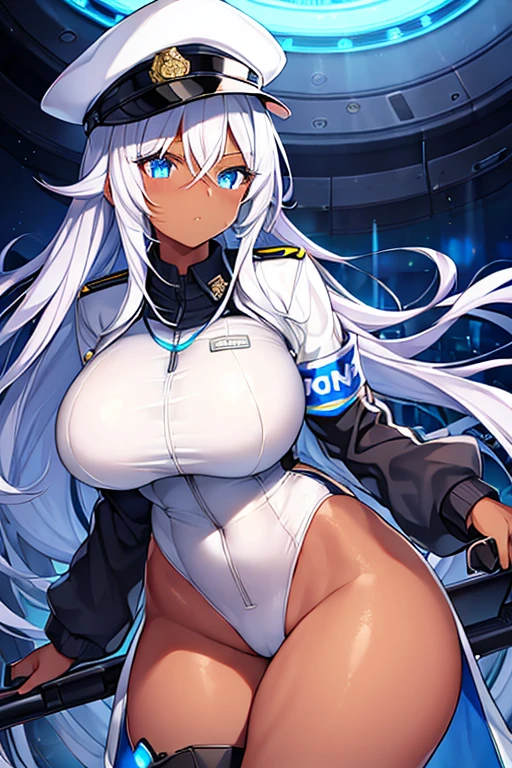 1girl, dark skin, dark-skinned female, police uniform, police, white hair, long hair, blue eyes, police hat, large breasts, thick thighs, futuristic, neon trim, science-fiction, machinery, tech, blue trim, glowing eyes, toned, cute face, mature female, hourglass figure, neon, one-piece swimsuit, competition swimsuit, medal, black swimsuit, badge, police badge, ((badge))