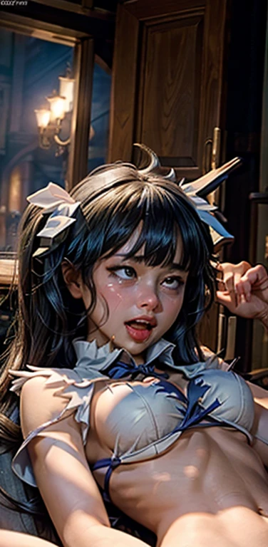 masterpiece、top-quality、1girl in、(I'm wearing a mob hat)、Medium hair with blue hair、Red Eyes(Heart shaped pupils) 、red blush、the bow、ascot、wingspan、Bedroom background、Colossal tits、A slender、remilia scarlet、Full nudity with full body visible、enchanting posture、It is dripping with the mouth open and the tongue sticking out、Face during estrus、Beautiful breasts、photos realistic、beauitful face、Courtship action