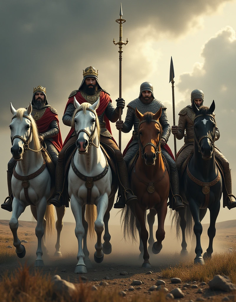 (photorealism:1.2) the 4 riders of the apocalypse on their horses. The first one is a white horse and his rider holds an arc and arrow and a crown on his head. The second one is a red horse whose rider holds a large sword and he was a peace braker. The third one is a black horse whose rider holds a ancient balance on his hands and his name was hunger. The fourth one is a yellow horse whose rider was called "DEATH". there are 4 riders