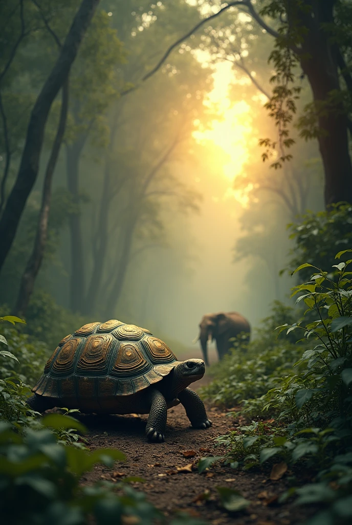 When the tortoise arrived at the secret place, he began to sing the chant: "Gwon Gwon Gwon Gwon," and the path to the yam opened up one elephant watching from a dIstance hid behind the bush. Make the chant GWON GWON GWON GWON be above the tortoise head while a huge path open up to the tortoise in the bushes