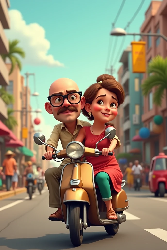 Husband and a little bit fat wife going to eat panipuri on scooter in animated cartoons.make husband bald head and without beard, moustache and make him wear eye glasses .make the eye brows of husband very thin and make him look straight
