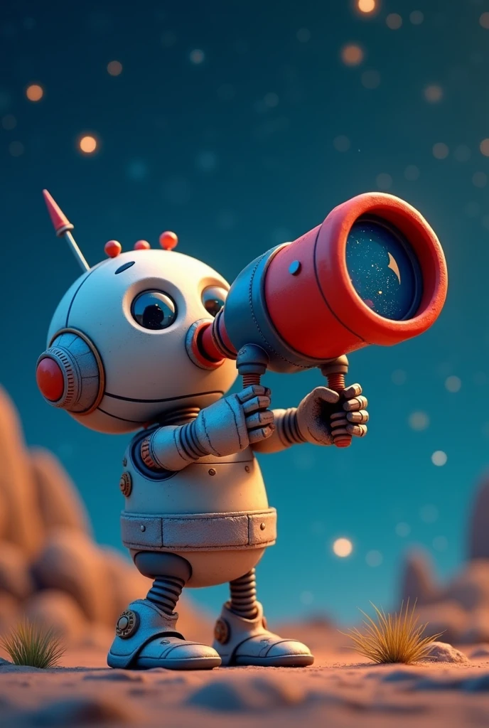 I want a cute 3D robot looking at the stars through a red and dark blue telescope