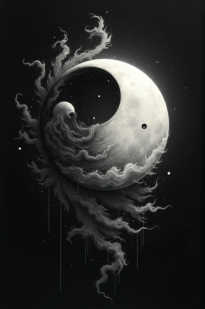Draw a moon inside a moon with black and white tides for tattoo