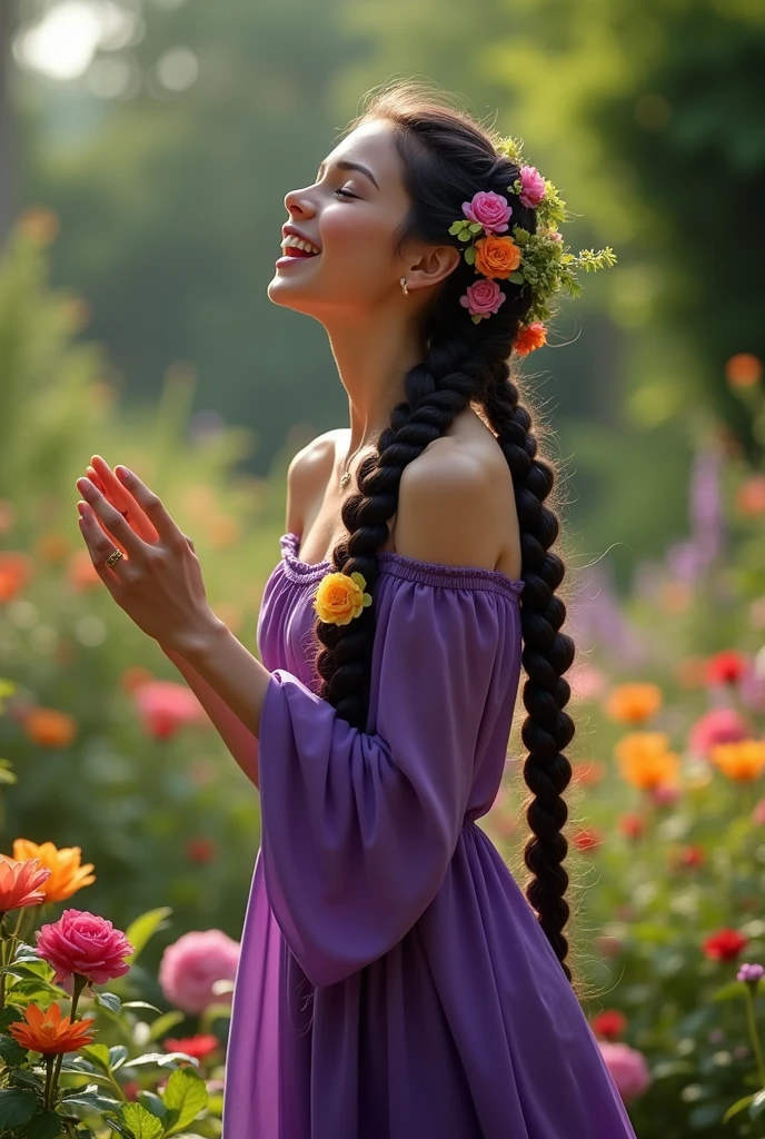 Woman,skin fair,sparkling green eyes,dark purple braided hair,flowers in the braid,light purple dress,action singing in the garden,cinema image,品質,full body images