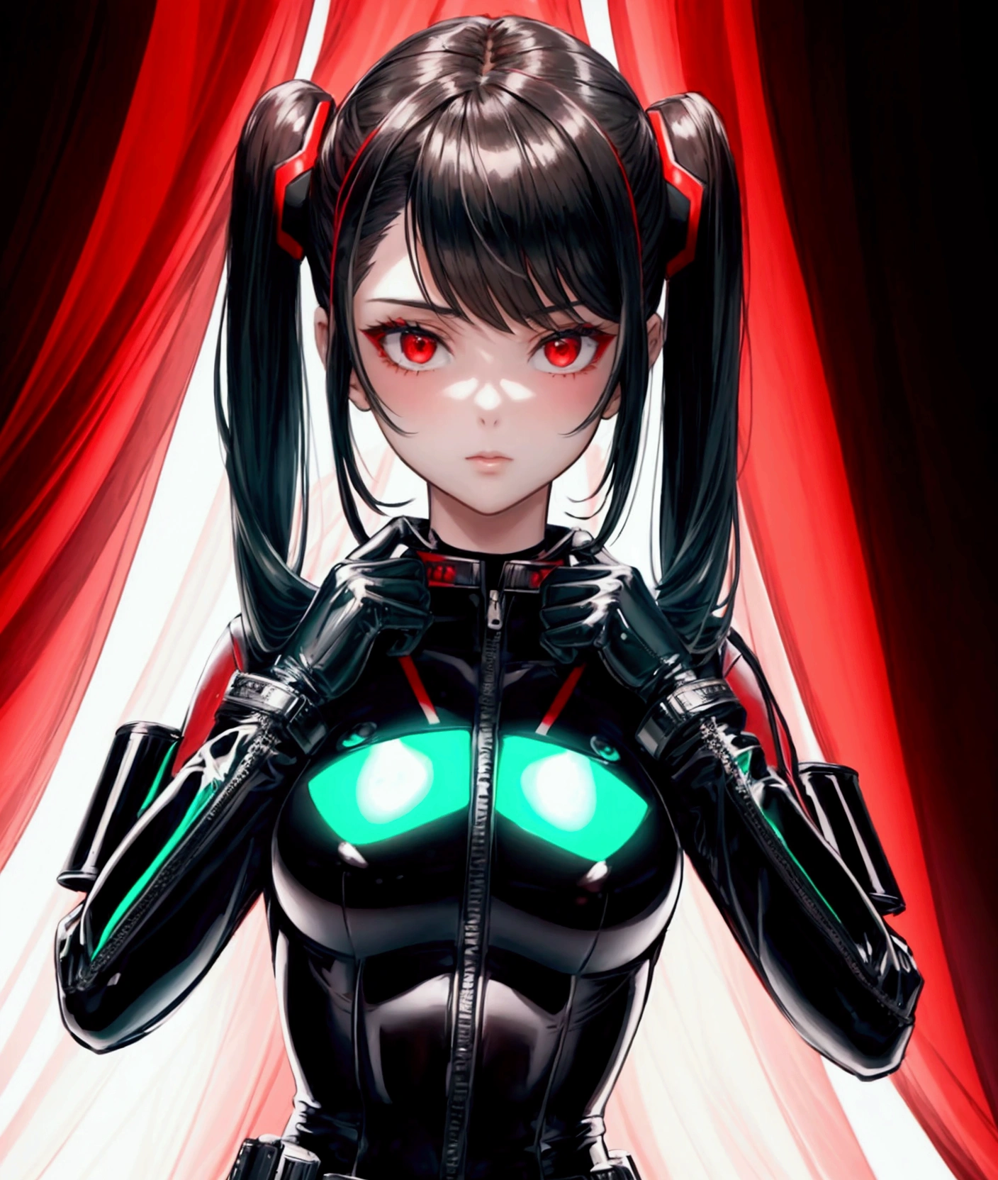 a beautiful girl, black pilot suit,red under shirt,dark green shoulder pad, black choker