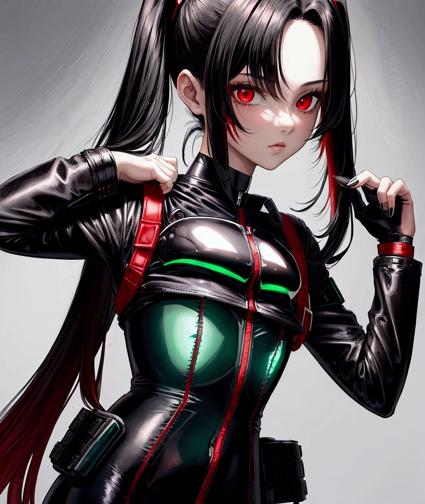 a beautiful girl, black pilot suit,red under shirt,dark green shoulder pad, black choker 