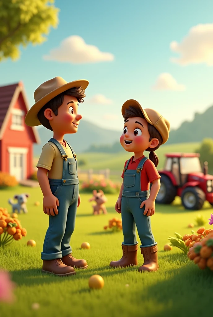 In cinamatic 3d cartoon "Farmer: (to the neighbor) "Don’t worry. I’ll work in your field today too."