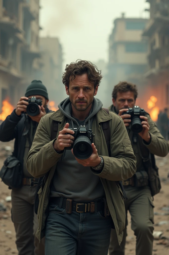 Civil war situation with 3 photojournalists taking photos