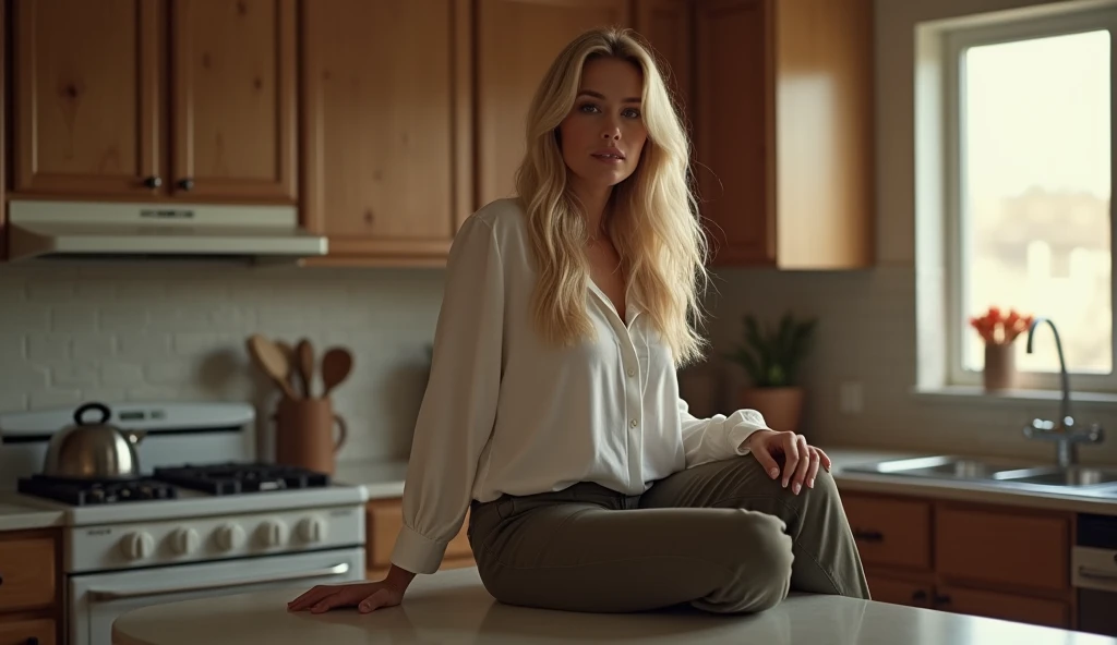 A 30 year old blonde MILF woman with (((Huge breasts ))) photographed from the side, Elle se détend dans la cuisine sans s'en rendre compte, (Elle ne regarde pas la caméra), Brown eyes, (long blonde hair), realistic and Detailed face, lovely woman, Detailed face, head of'artwork, Style NSFW, Magnificent 8k ultra detailed and realistic model, hourglass body, Wear SMART pants and a SMART shirt, sexly, Photorealistic. Sony Alpha 77
Info