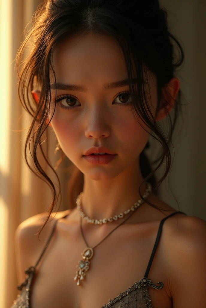 master piece , best quality , japanese , cute face , (symmetrical clear eyes:1.3) , shining eyes , Melancholic , Generous Breasts , Nightdress , Moody Lighting