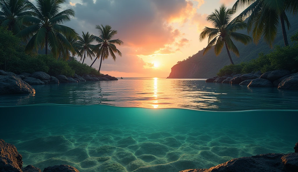 (masterpiece:1.2,Highest quality,Ultra-high resolution,Very detailed,Realistic,Ultra-high resolutionのカメラ),8k,wallpaper,(Shooting the pond from above),(A detailed depiction of the pond bottom with the water surface reflections removed.:2.0),sunset, beach coast, sand, Hawaiian palm trees, dark sky, windy, faraway waterfall, strong wind