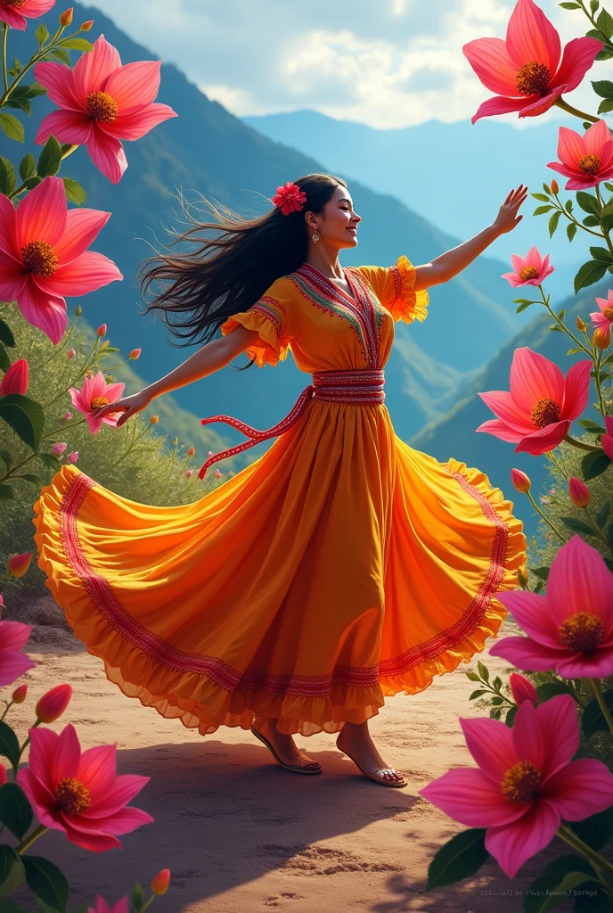 Woman dancing the huaylash dance with flowers in the background