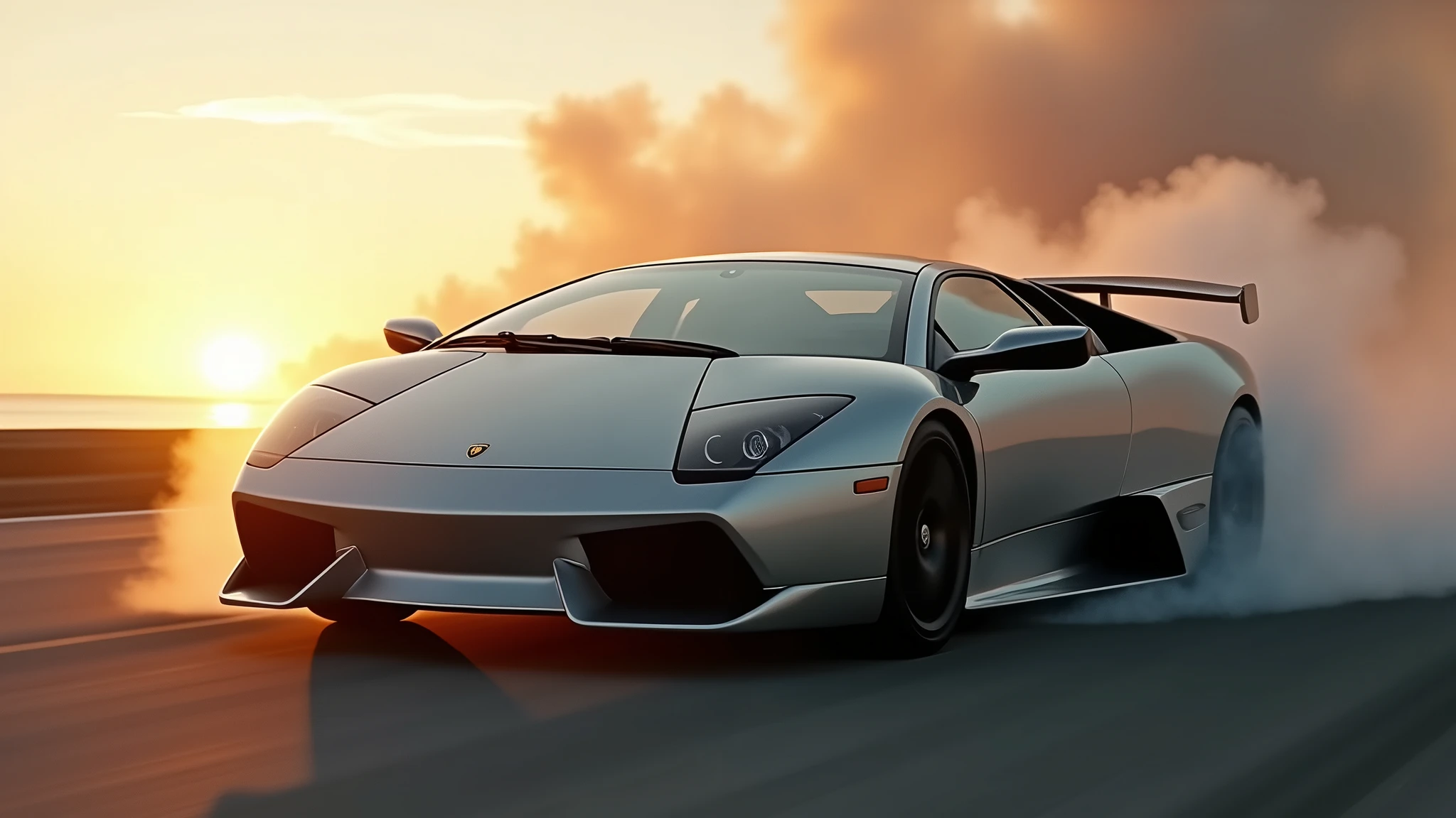 An incredible, high-speed cinematic photo of a silver Lamborghini Murciélago passing by at top speed. The low angle shot captures the sleek lines and powerful presence of the supercar. As the sun sets in the background, it casts a warm, golden glow across the car, accentuating its jaw-dropping design. The sense of speed is palpable, with the car's tires leaving a trail of smoke on the road., cinematic, photo