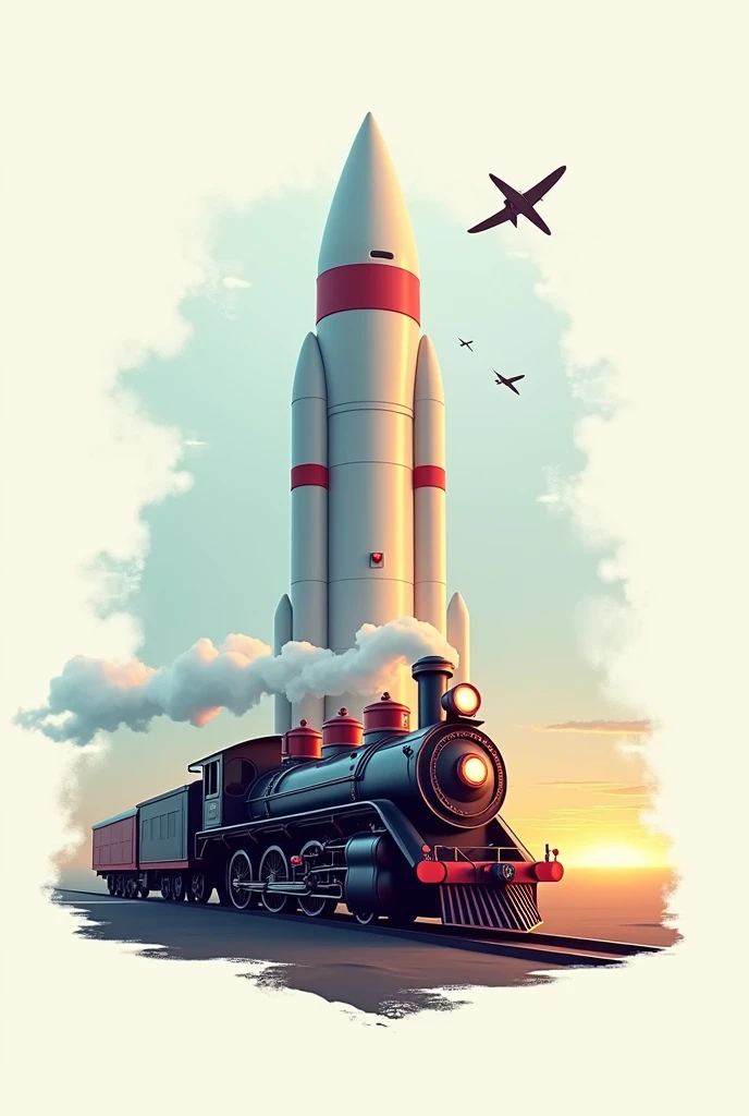 Logo with images of a steam train and a rocket from the 20th century