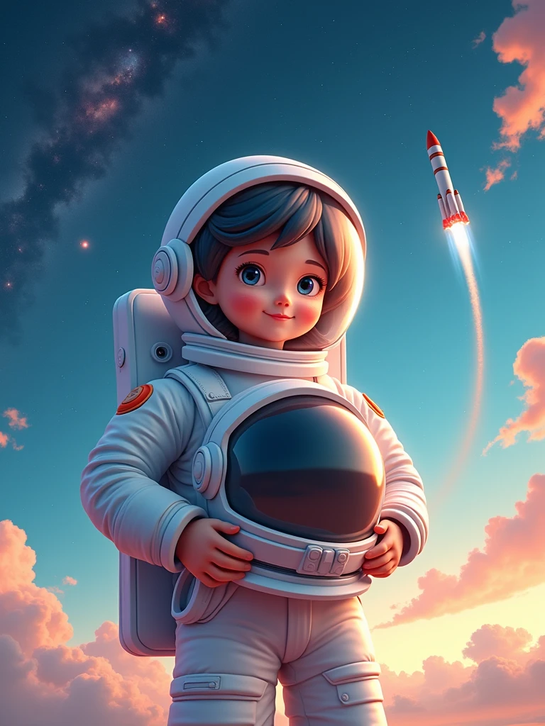 ethereal fantasy concept art Midjourney, MJ, Midjourney style, realism, cinematic quality, macro. Beautiful astronaut who smiles pleasantly, wearing a spacesuit, spacesuit helmet he holds in his hands on the background of deep space with nebula, rocket taking off in the distance, inspiring atmosphere, feeling of pride, blue-golden shades, warm light from stars, illustrative style, 3D art, smooth and shiny texture, pastel colors, soft diffused lighting, high detail, cartoon style