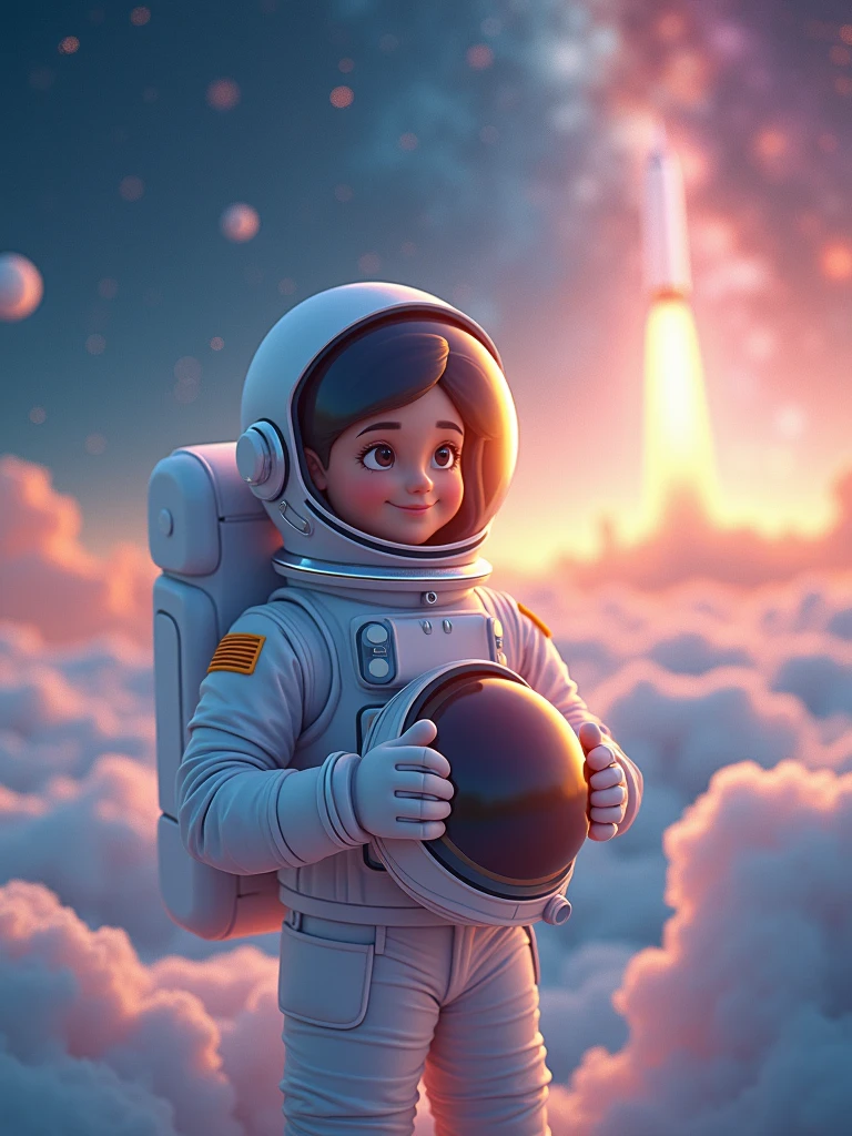 ethereal fantasy concept art Midjourney, MJ, Midjourney style, realism, cinematic quality, macro. Beautiful astronaut who smiles pleasantly, wearing a spacesuit, spacesuit helmet he holds in his hands on the background of deep space with nebula, rocket taking off in the distance, inspiring atmosphere, feeling of pride, blue-golden shades, warm light from stars, illustrative style, 3D art, smooth and shiny texture, pastel colors, soft diffused lighting, high detail, cartoon style
