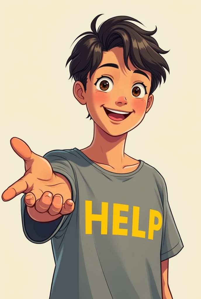 A person extending his hand as if to help the screen with a soft smile on his face and captivating with a gray shirt with help written in yellow, in manga format