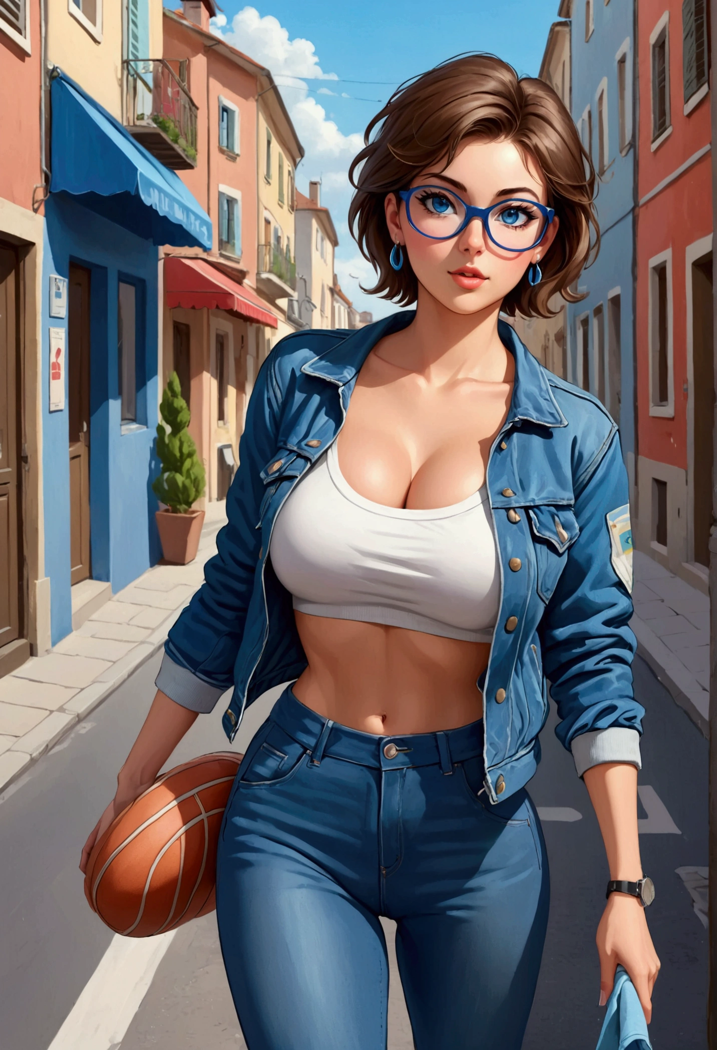 20 years old woman, Short brown hair, Méditerranéenne aux blue eye, Generous and heavy breasts, slender waist, estomac defini, fesses rebondies et pulpeuses, naturally curved, muscular thighs, aguicheuse, on street, en jogging et tee shirt , Denim jacket, baskets, lunettes , earrings, blue eye,