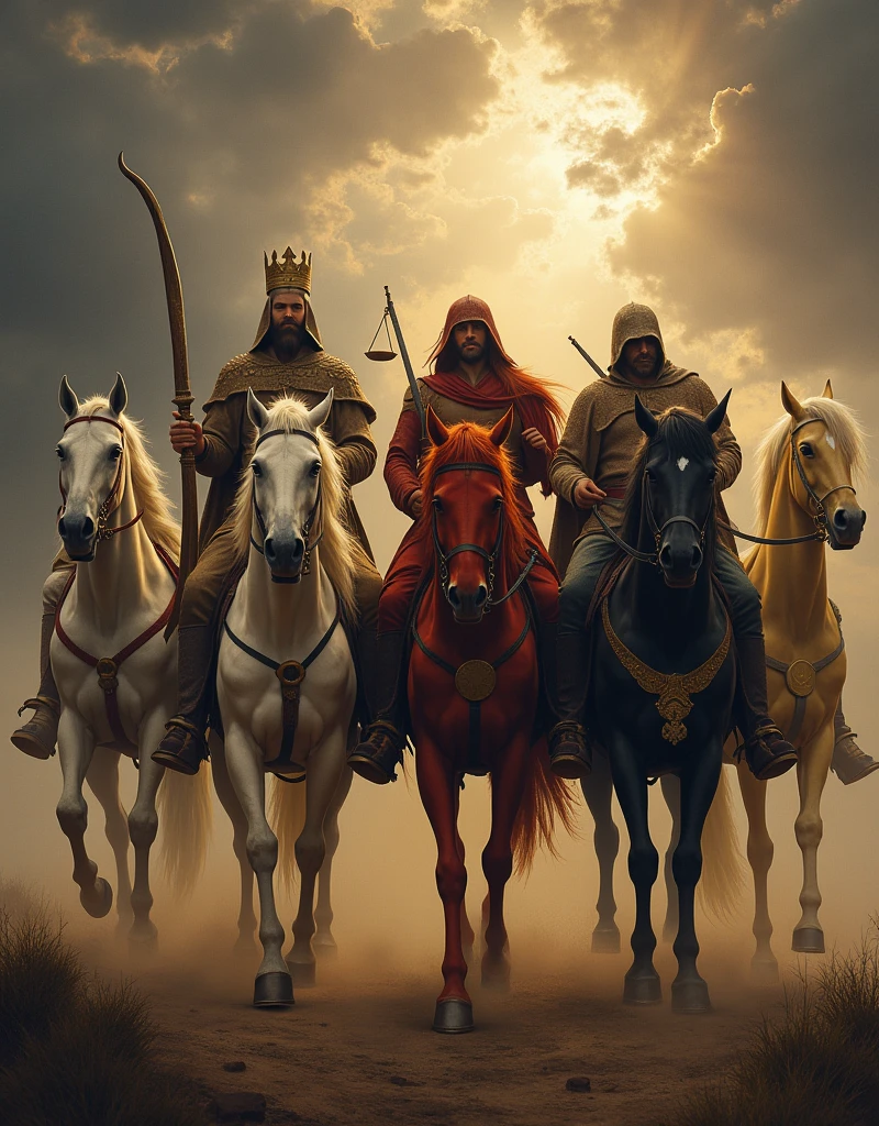 (photorealism:1.2) the 4 riders of the apocalypse on their horses. The first one is a white horse and his rider holds an arc and arrow and a crown on his head. The second one is a red horse whose rider holds a large sword and he was a peace braker. The third one is a black horse whose rider holds a ancient balance on his hands and his name was hunger. The fourth one is a yellow horse whose rider was called "DEATH".