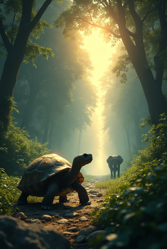 When the tortoise arrived at the secret place, he began to sing the chant: "Gwon Gwon Gwon Gwon," and the path to the yam opened up one elephant watching from a dIstance hid behind the bush. Make the chant GWON GWON GWON GWON be above the tortoise head while a huge path open up to the tortoise in the bushes