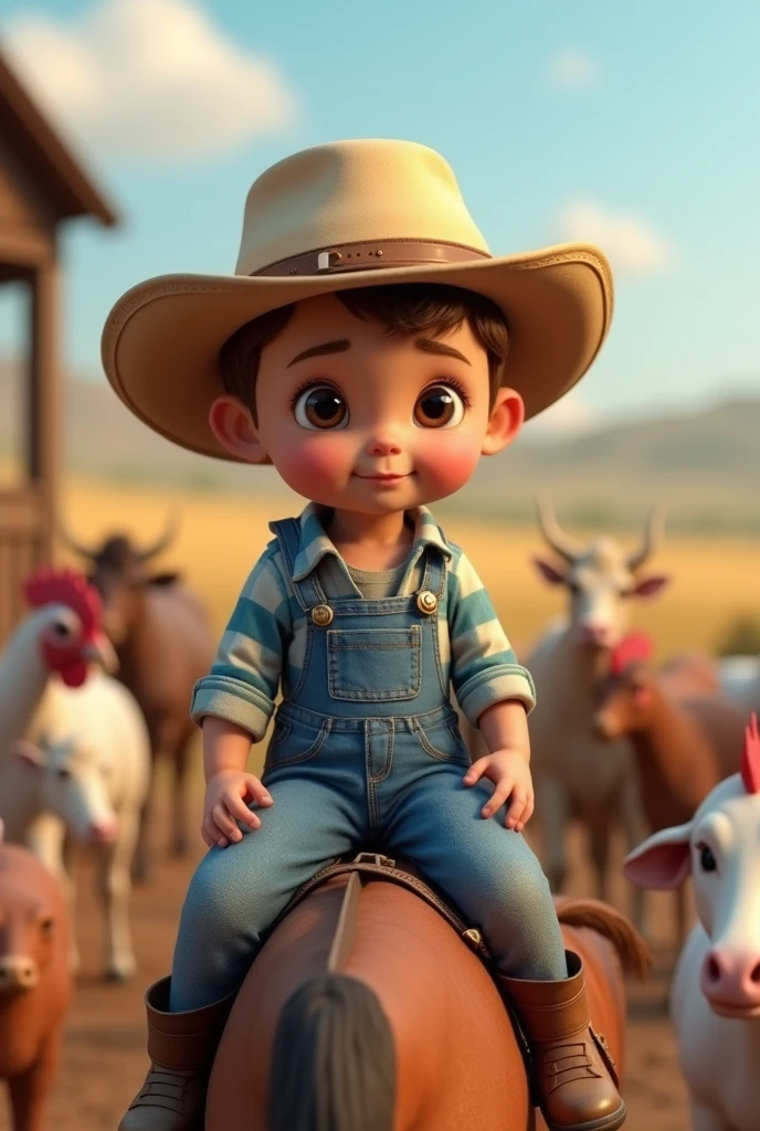 A baby ,Scrawny, smiling slightly light brown hair, brown dark eyes, light cowboy hat, working with, horses, chickens, cows, in the farm, blue and white plaid shirt denim overalls, mounted horse 3d hd image