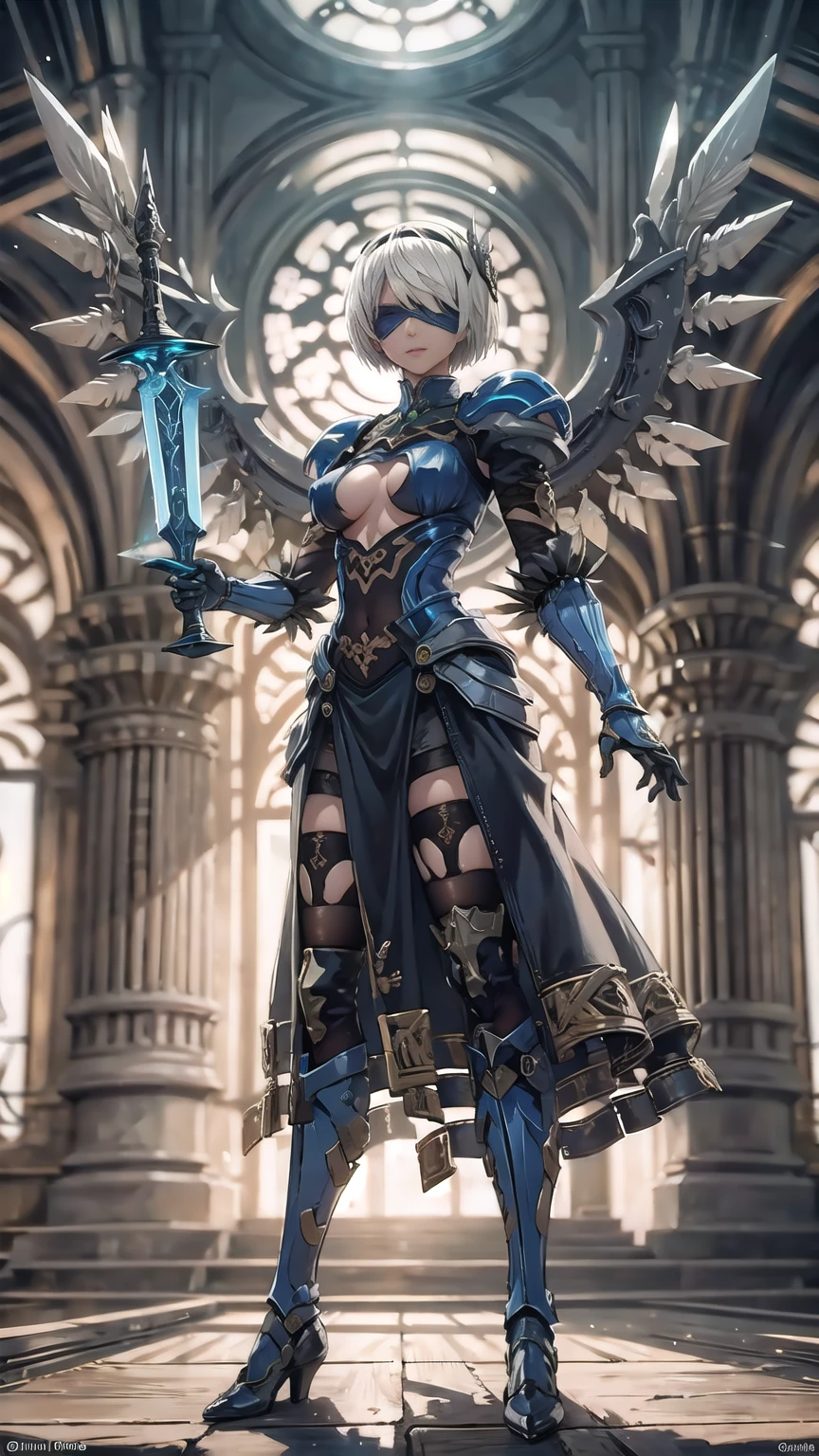 Make a 'kitbash' of Lenneth from 'Valkyrie profile' and 2B from 'Nier: Automata', combine 2B and Lenneth, solo, 1girl, BREAK: ((bright sapphire blue plate mech4rmor)), (boob window), thigh cutout, long skirt, (blindfold:1.27), wings, BREAK: standing contrapposto, (holding glowing sword), light smile, BREAK: plains, castle, BREAK: (better hands, best hands,) (insanely detailed, masterpiece, best quality), strong negative, tatoogirl 