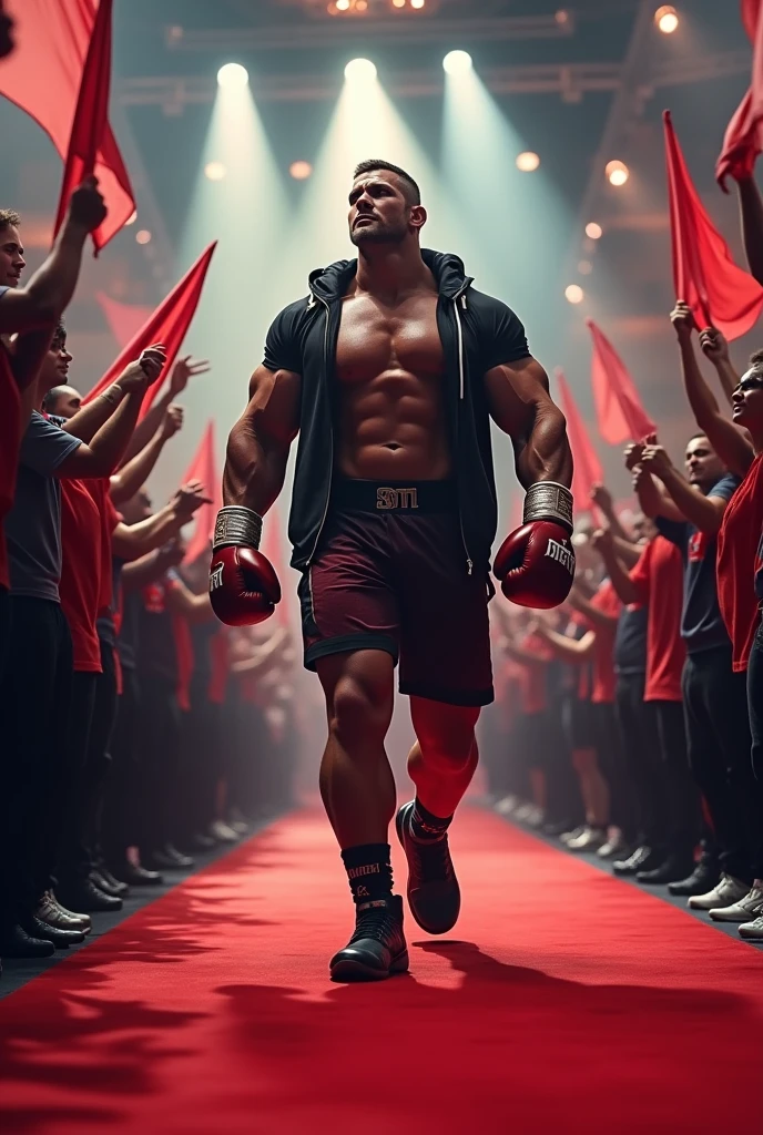 Imagine a large ( motu )with a gym-toned body, six pack body,dressed in sleek boxing clothes and a hood, confidently walking downa redcarpet.The ( motu )muscular form and determined stride exude strength and focus. Surrounding the carpet, a throng of enthusiastic fans cheer and wave banners, showing their unwavering support. The lights flash and the energy is palpable as (motu )makes its way towards the arena, embodying the spirit of a champion ready to take on any challenge. This scene captures the moment of triumph and the overwhelming support of adoring fans, photo, illustration, 3d render, cinematicLess