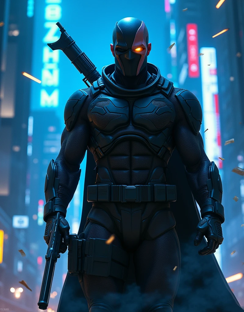 a detailed portrait of deathstroke from dc universe, futuristic cityscape, nighttime, glowing neon lights, smoke, sparks, metal shavings, flying debris, blue energy effects, volumetric lighting, cinematic lighting, hyperrealistic, 8k, photorealistic, masterpiece