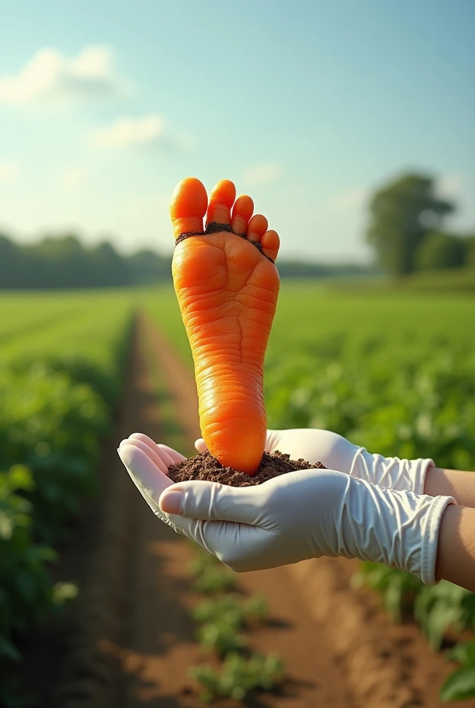 "A pair of white-gloved hands is gently holding a freshly harvested, bright orange carrot, which resembles a human foot. The carrot is set against the backdrop of a vast agricultural field bathed in sunlight. The carrot still has some soil clinging to it, symbolizing the bounty of the earth. In the distance, rows of lush crops stretch toward a line of trees, all under a calm blue sky. This scene evokes a sense of peace and the quiet satisfaction of a successful harvest."