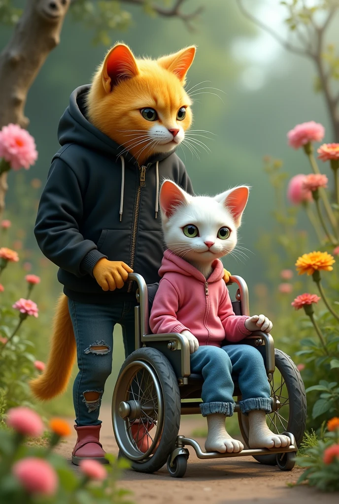 A white bony cat dressed in pink top and blue jeans on wheelchair is brought in garden by a tall yellow cat dressed in tattered black hoodie and black jeans