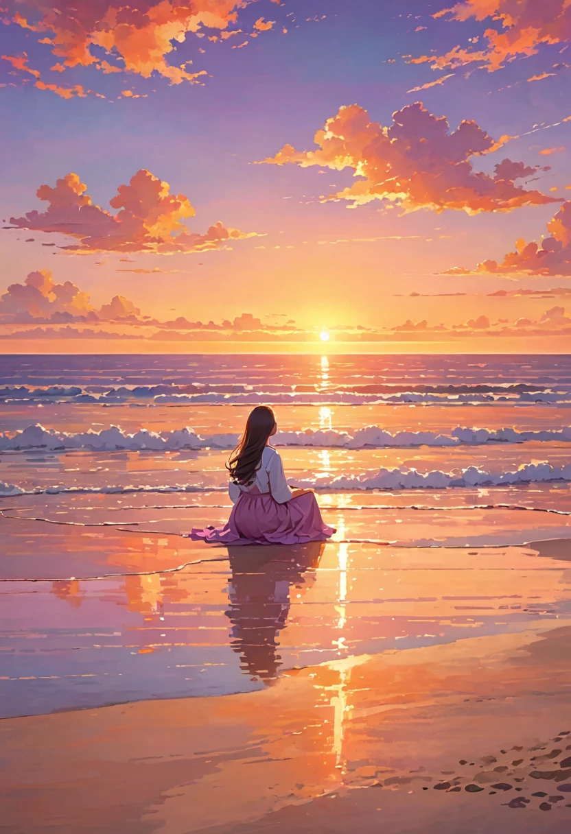 In the image, a person with long hair is sitting on the beach, facing towards the ocean. The person appears to be watching a beautiful sunset, with the sun partially above the horizon. The sky is filled with warm hues of orange, pink, and purple, creating a serene and tranquil atmosphere. The beach and the ocean add to the calmness and peacefulness of the scene. The person’s posture and the overall setting suggest a moment of quiet reflection or relaxation.